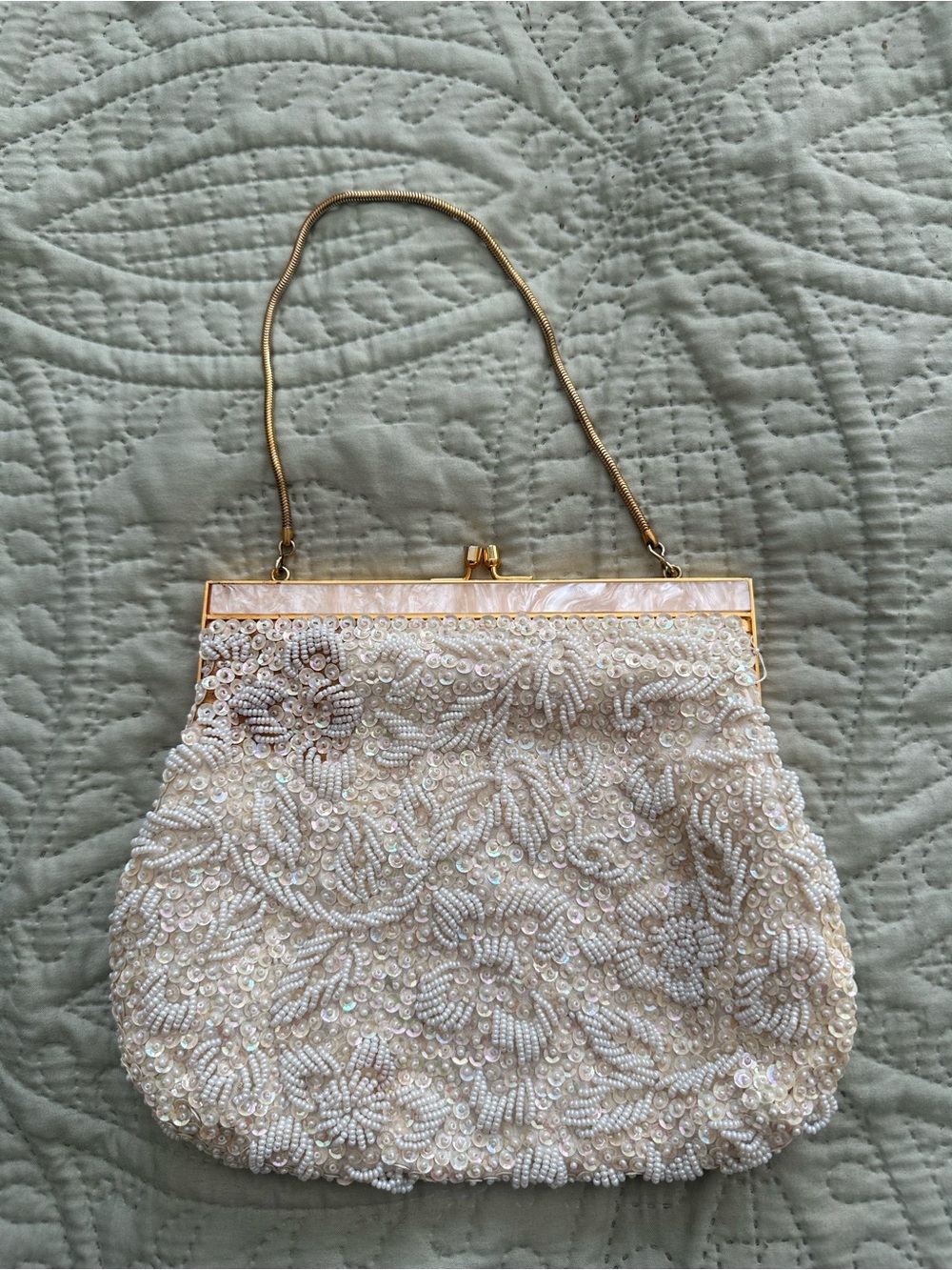 Vintage Ivory Beaded Evening Bag with Gold Chain and Abalone Trim